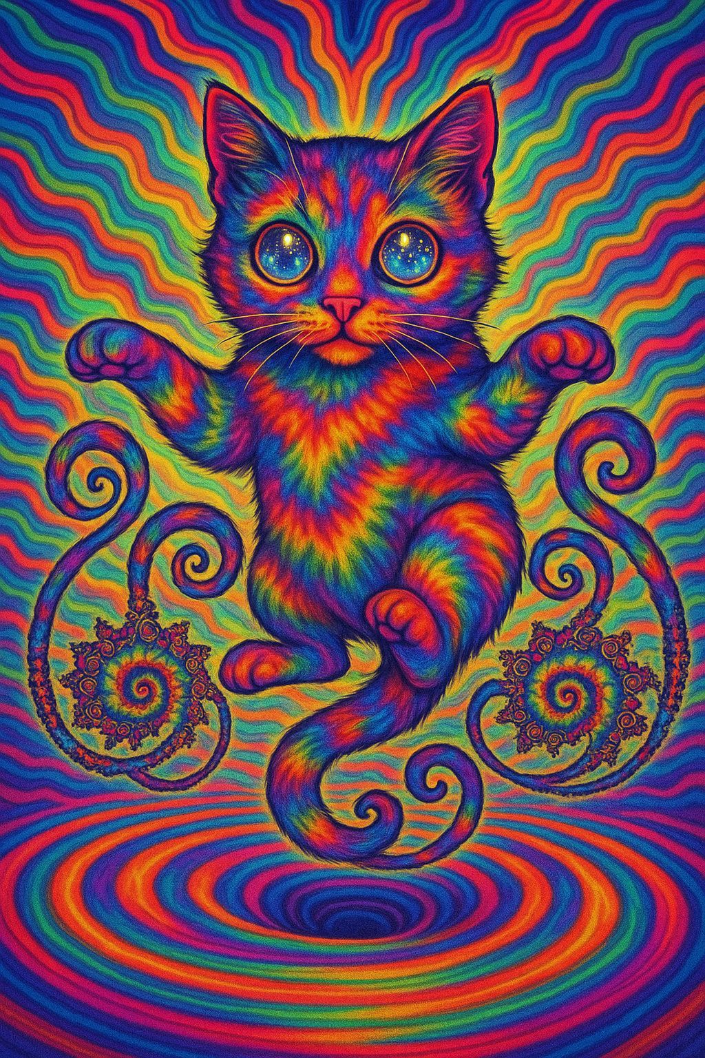 Psychedelic Rainbow Cat in Dream Vortex Illustration