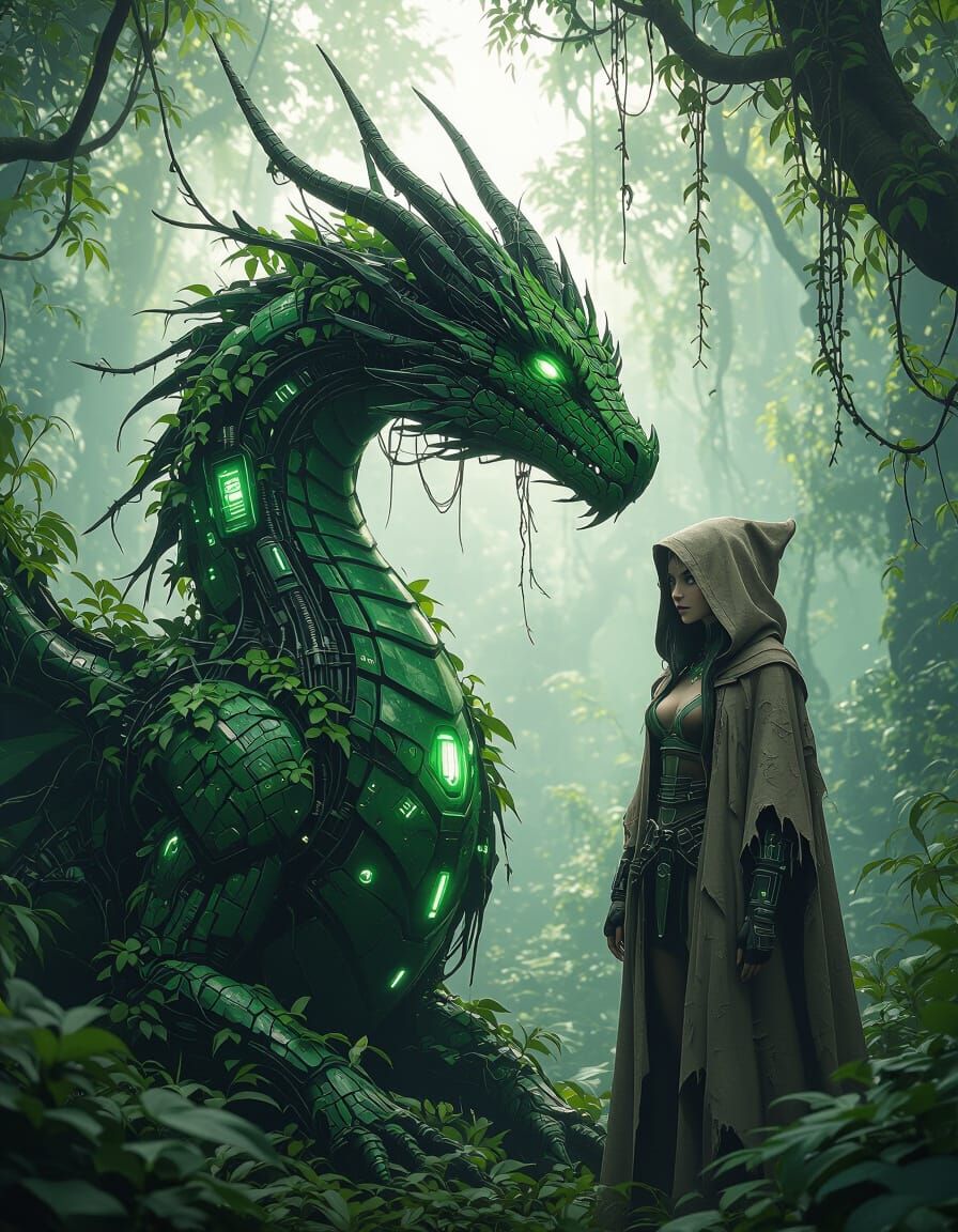 Cyberpunk Forest Dragon and Elf in Neon Glow