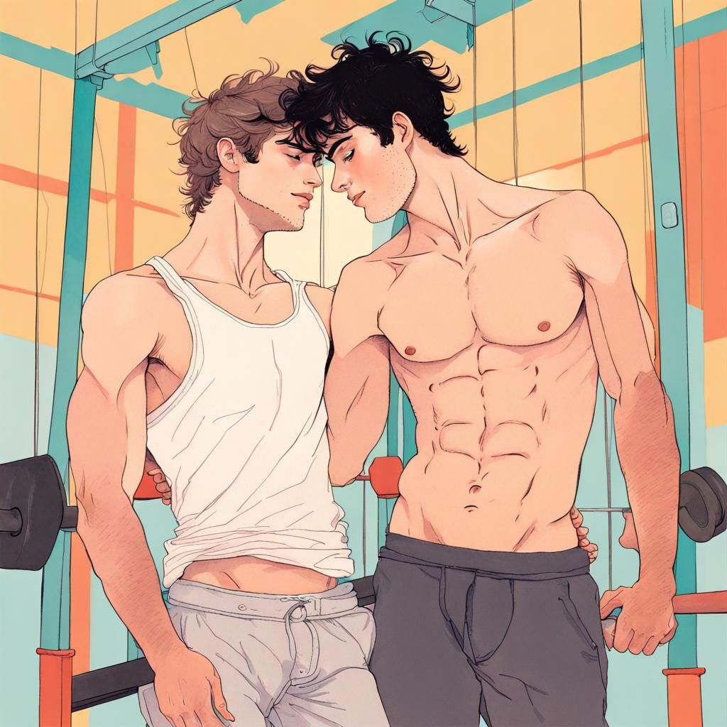 Muscular Gay Couple Embracing at the Gym