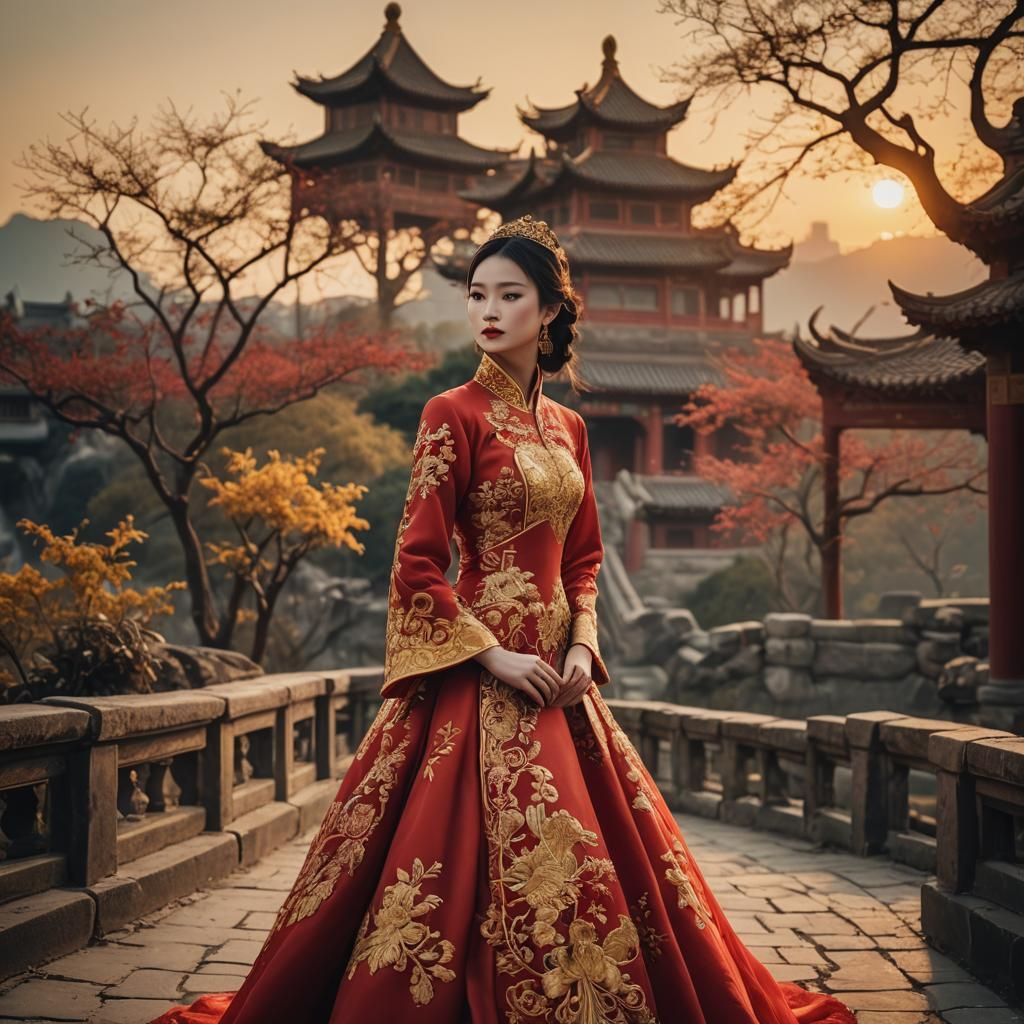 Chinese Royal Beauty in Sunset Cinematic Film Still