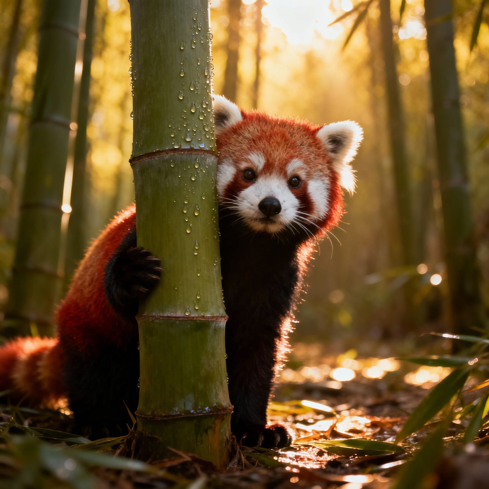 Red Panda Peeking from Bamboo in Golden Hour Light