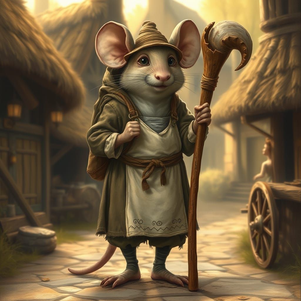 Whimsical Mouse Peasant Wields Staff in Golden Village Light