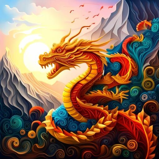 Vibrant Quilled Dragon Statue Amidst Iridescent Landscape