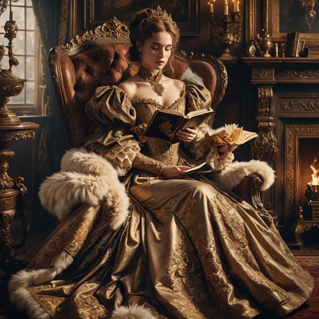 Elegantly Dressed Victorian Lady in a Cozy Reading Nook
