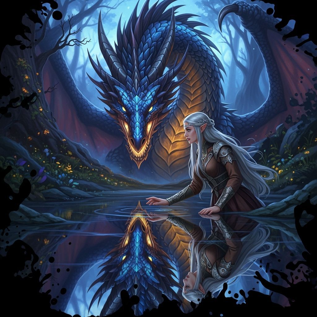 Elf and Dragon Reflection in Dark Fantasy Art