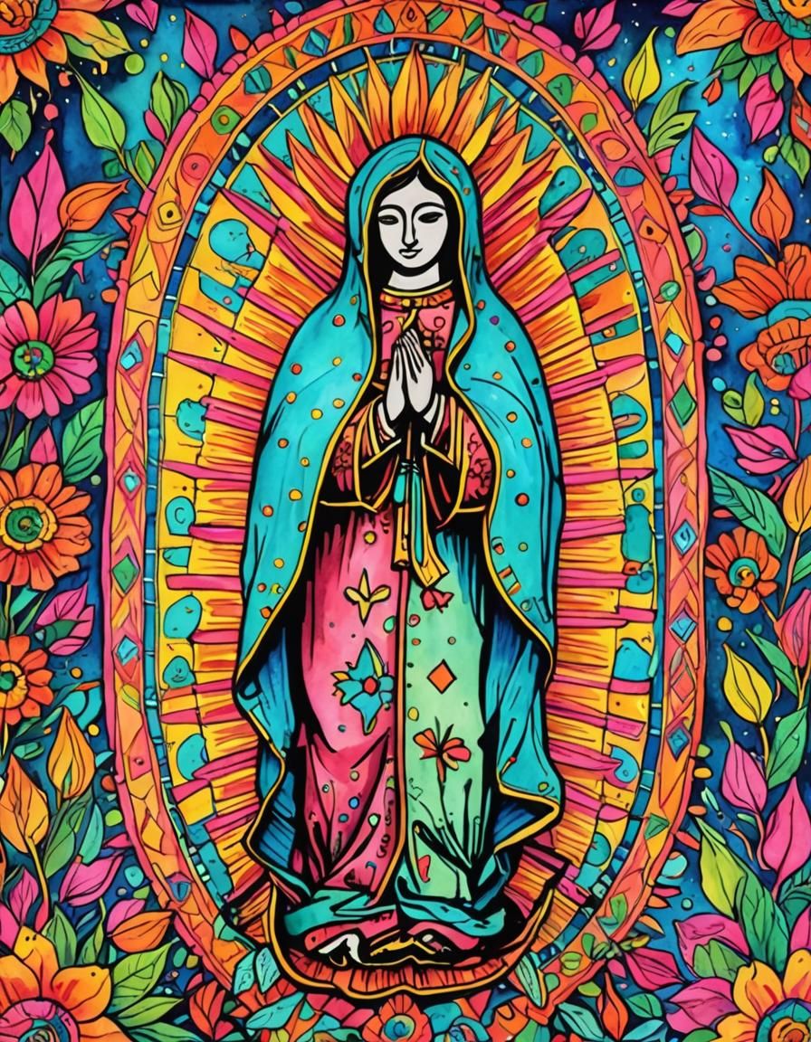 Vibrant Guadalupe in Neon Watercolor