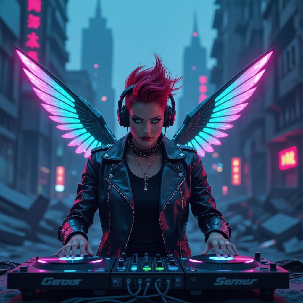 Cybernetic Stingray DJ in Post-Apocalyptic Cityscape