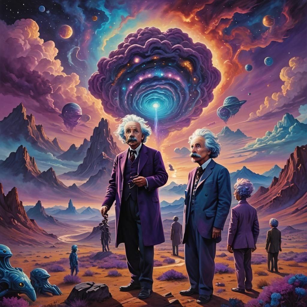 Einstein Among Mysterious Aliens in Vibrant Surreal Landscap...