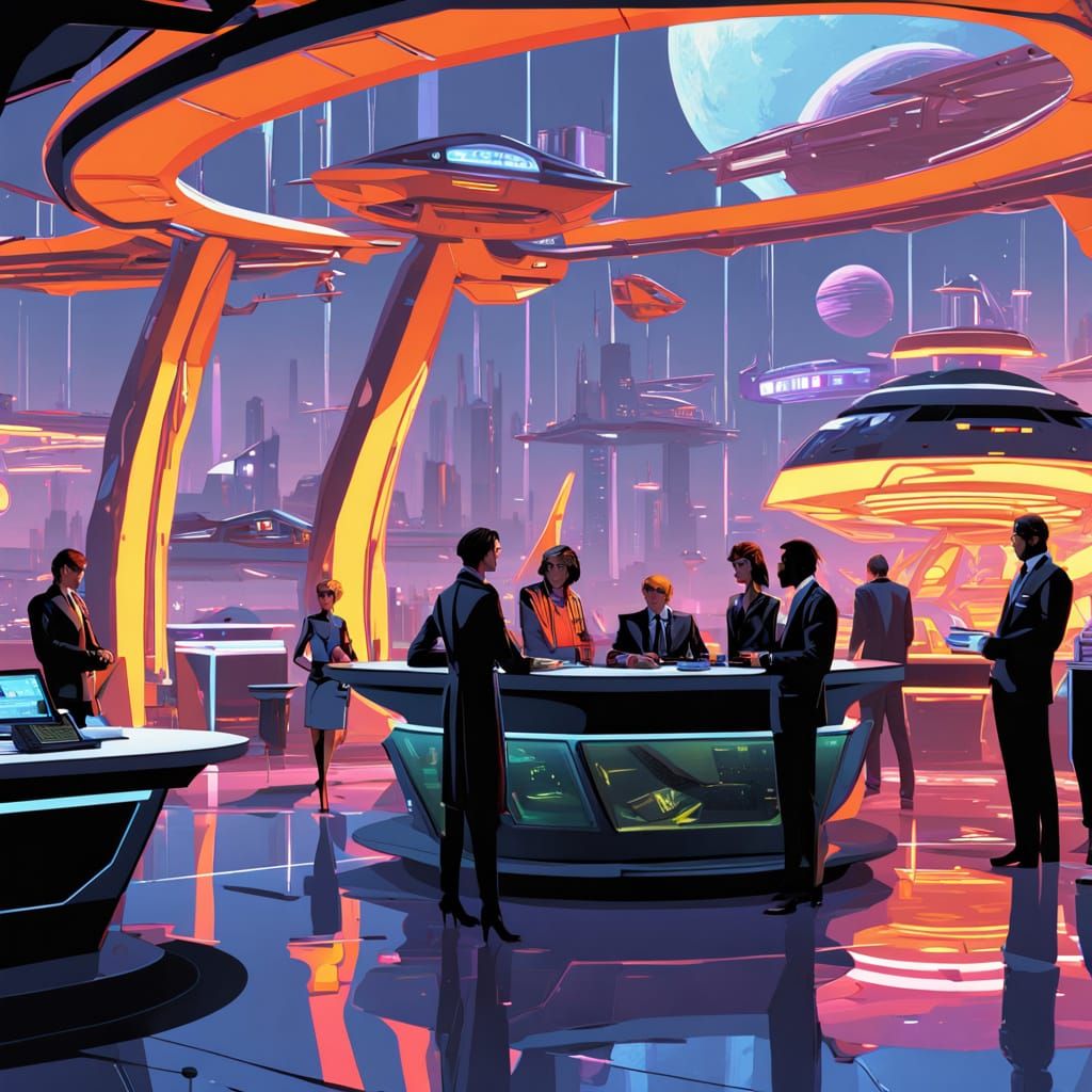 Futuristic Spaceport Scene in Sci-Fi Noir Style