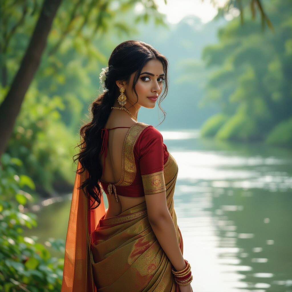 Indian Woman in Saree by River, Classical Realism