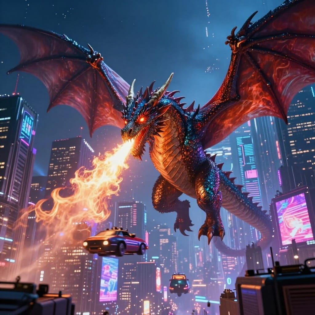 Colossal Dragon Enters Neon Metropolis in Cinematic Style