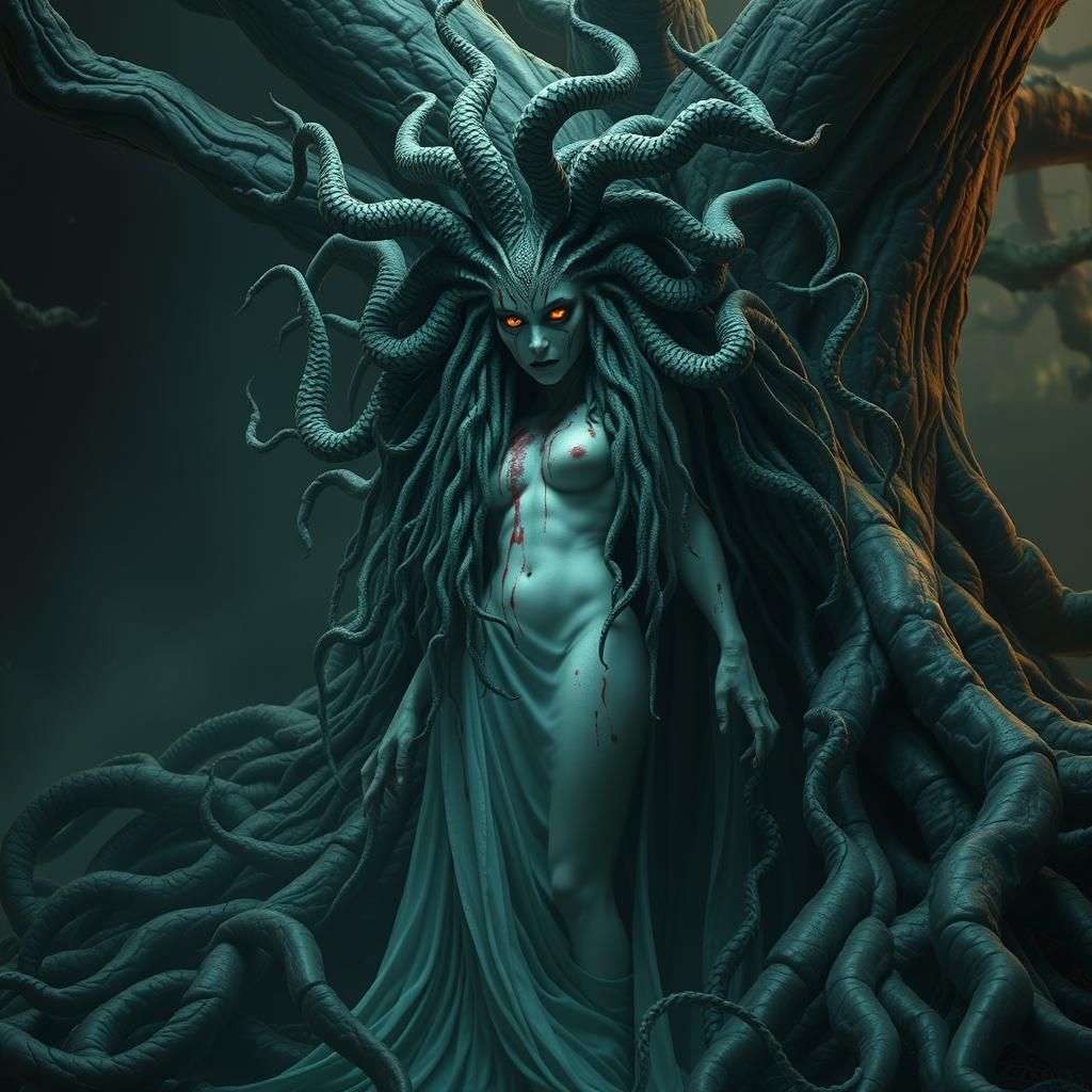 Ethereal Medusa by Ancient Tree in Gothic Dreamscape
