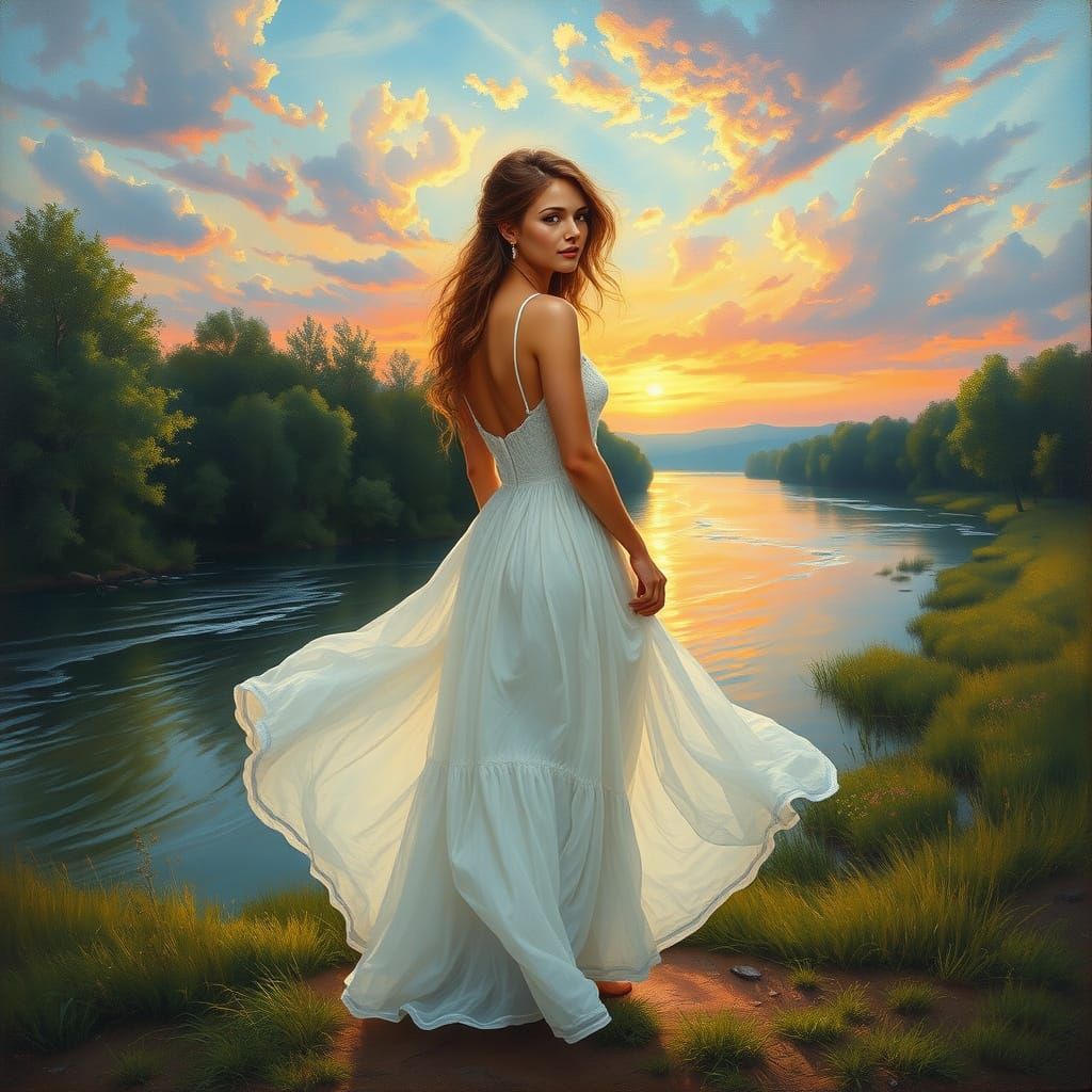 Woman on Riverbank in Oil Paint Landscape