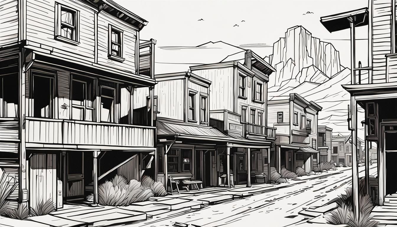 Retro Sci-Fi 1800s Wild West Town in Stylish Line Art
