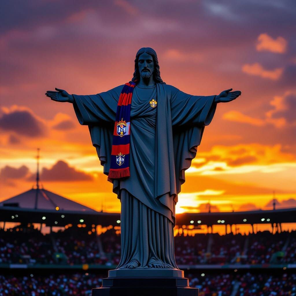 Christ the Redeemer in Flamengo Jersey at Sunset