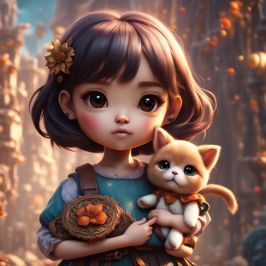 Chibi Girl Holding Doll in Whimsical Fantasy Scene
