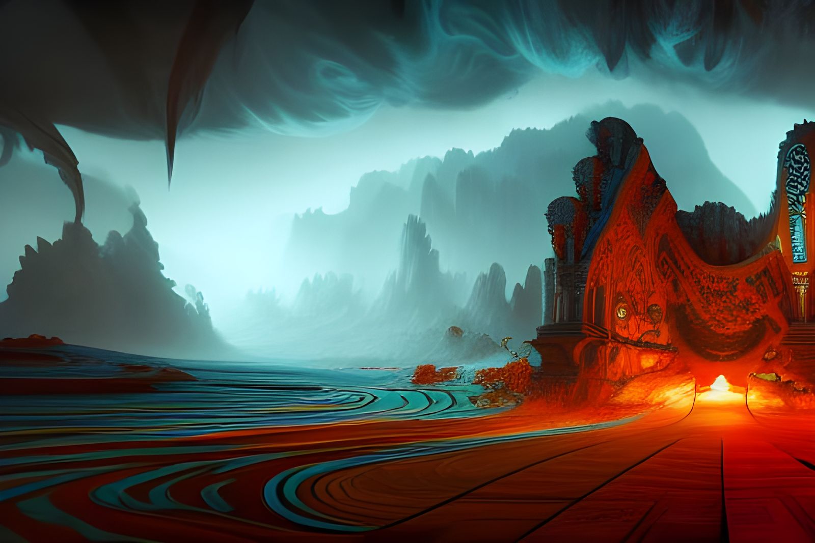 Ethereal Fantasy World in Vibrant OP Art Style