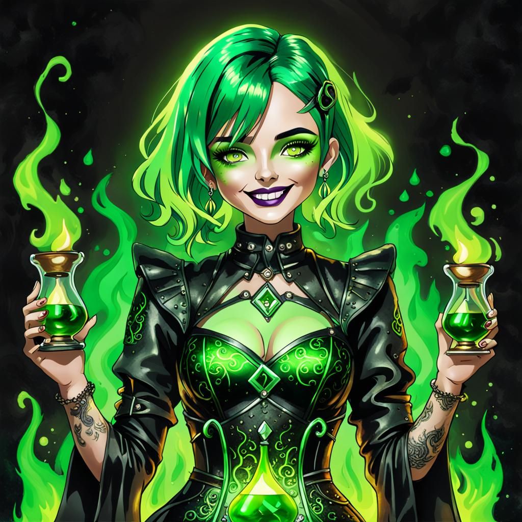 Neon Green Siren Amidst Gothic Flames