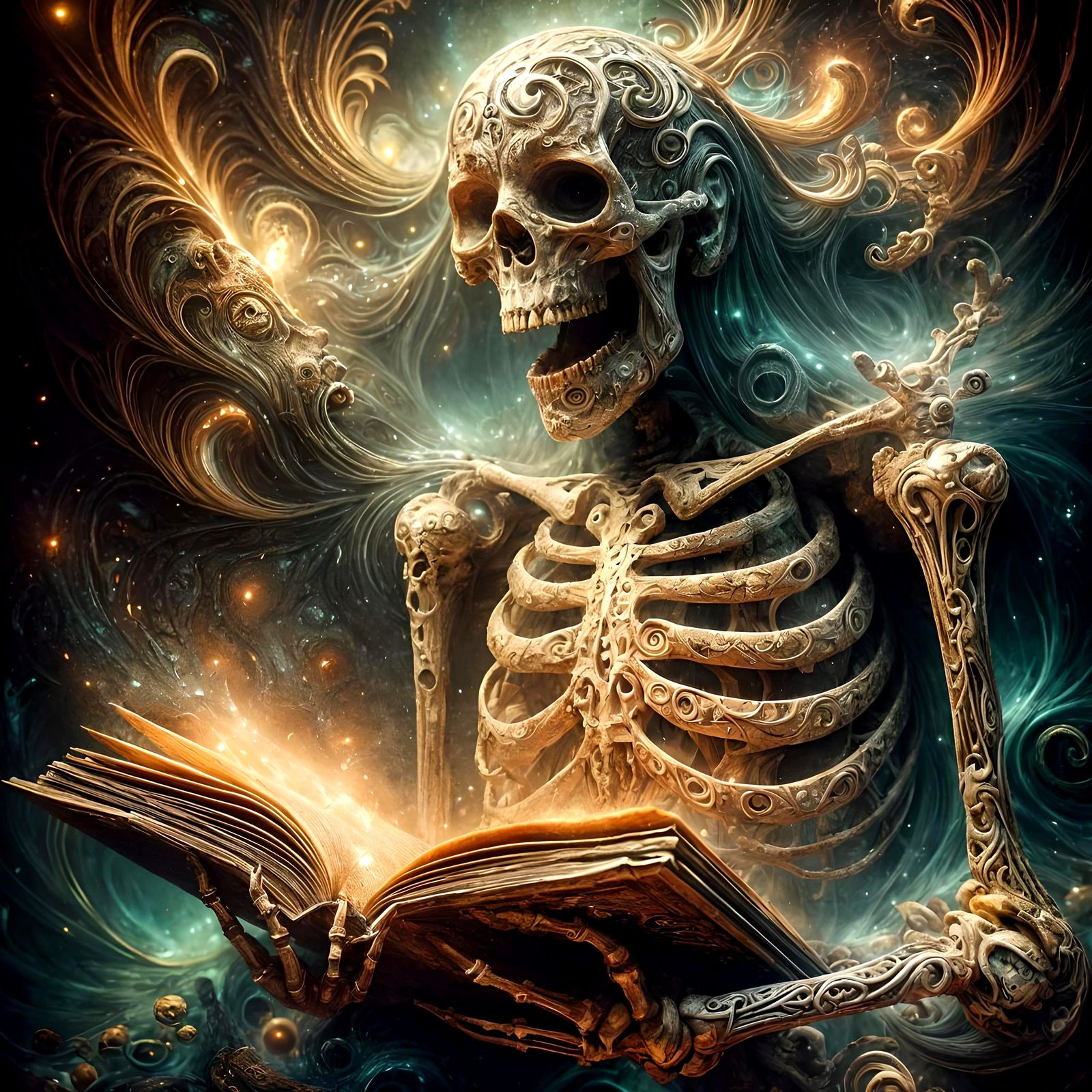 Regal Skeleton in Ethereal Glow, Cradling Ancient, Ornate To...