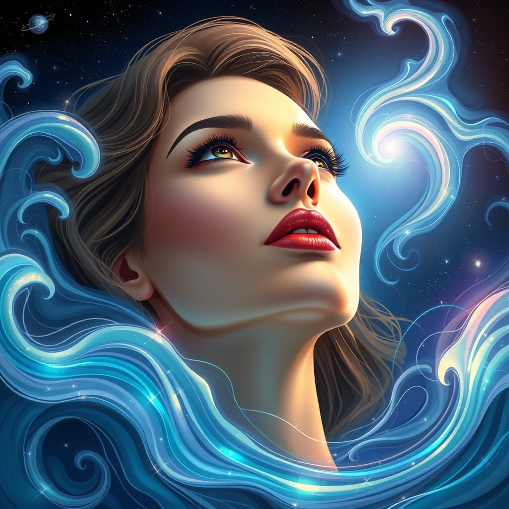 Mystical Woman in Ethereal Skies with Celestial Energy