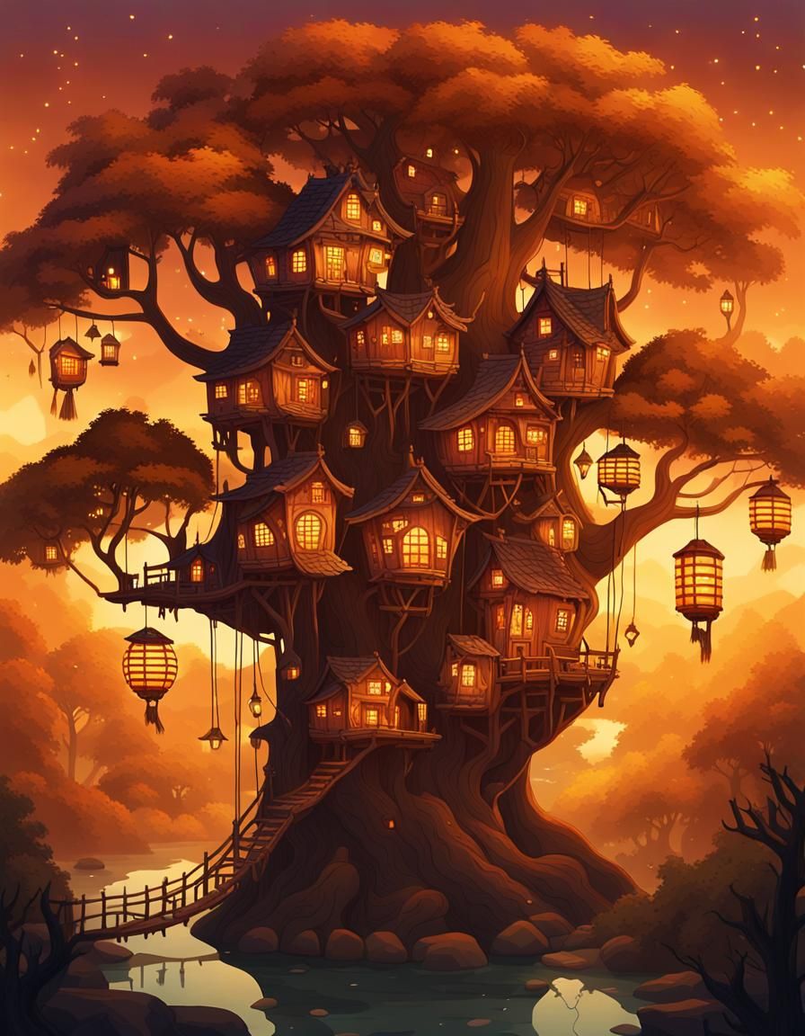 Whimsical Treehouse Village in a Fantasy Landscape