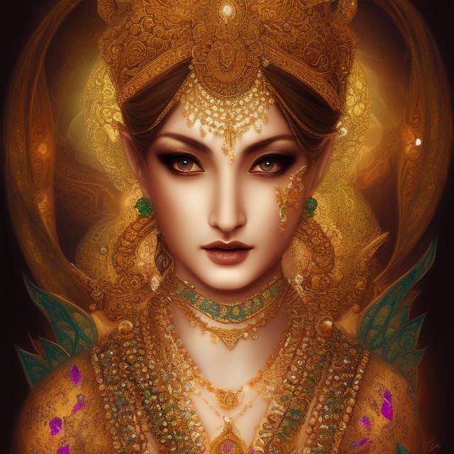 Serene Goddess Adorned with Elaborate Jewelry and Intricate...