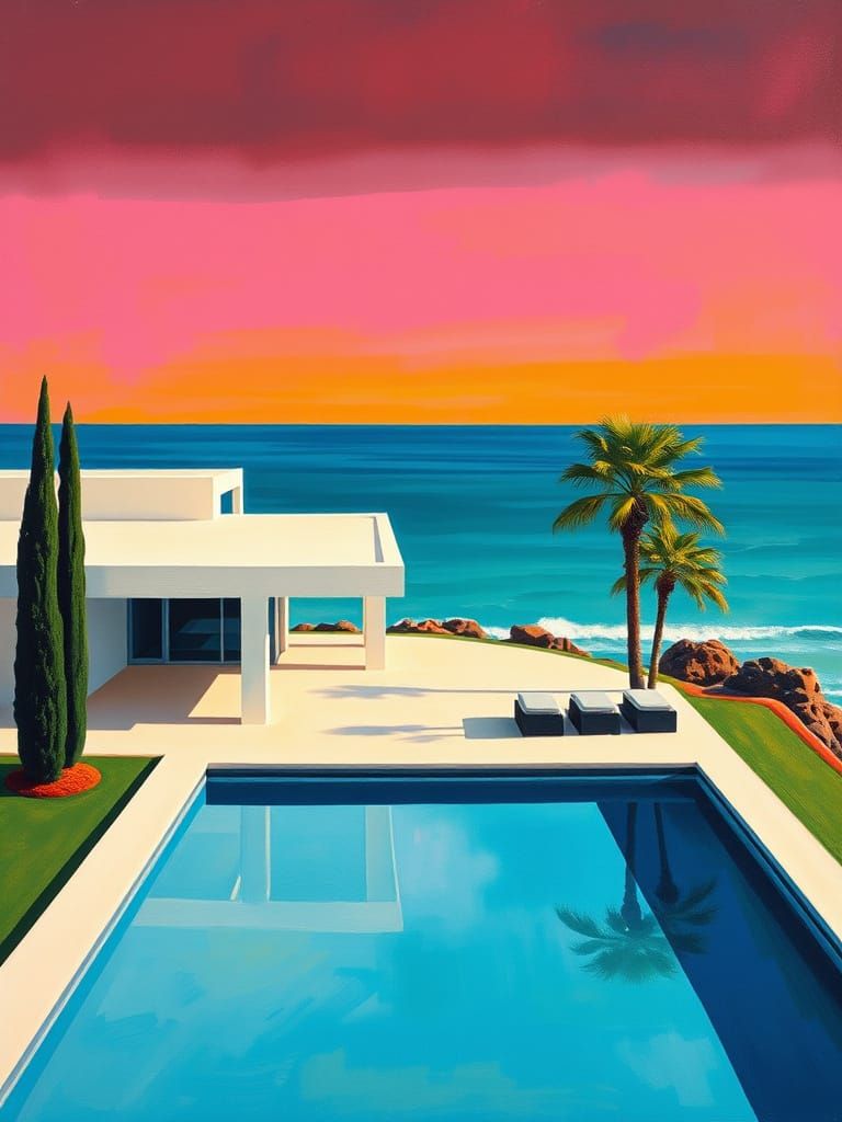 Modern House Near Ocean in Abstract Expressionist Style