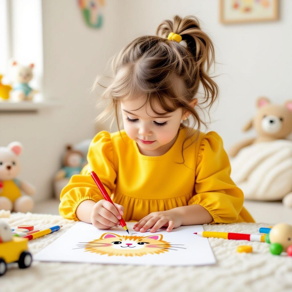 Girl Drawing a Cat in Whimsical Style