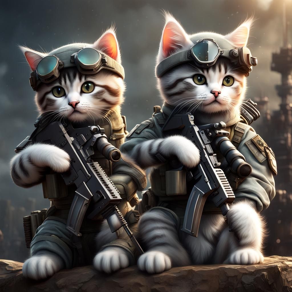 Modern Soldier Kittens in a Fantastical War Scene