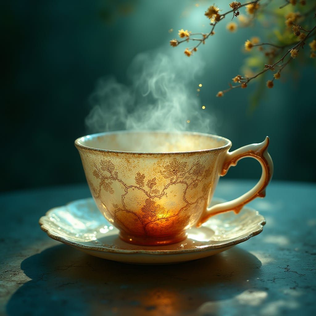 Divine Illumination of Antique Tea Cup in Serene Atmosphere