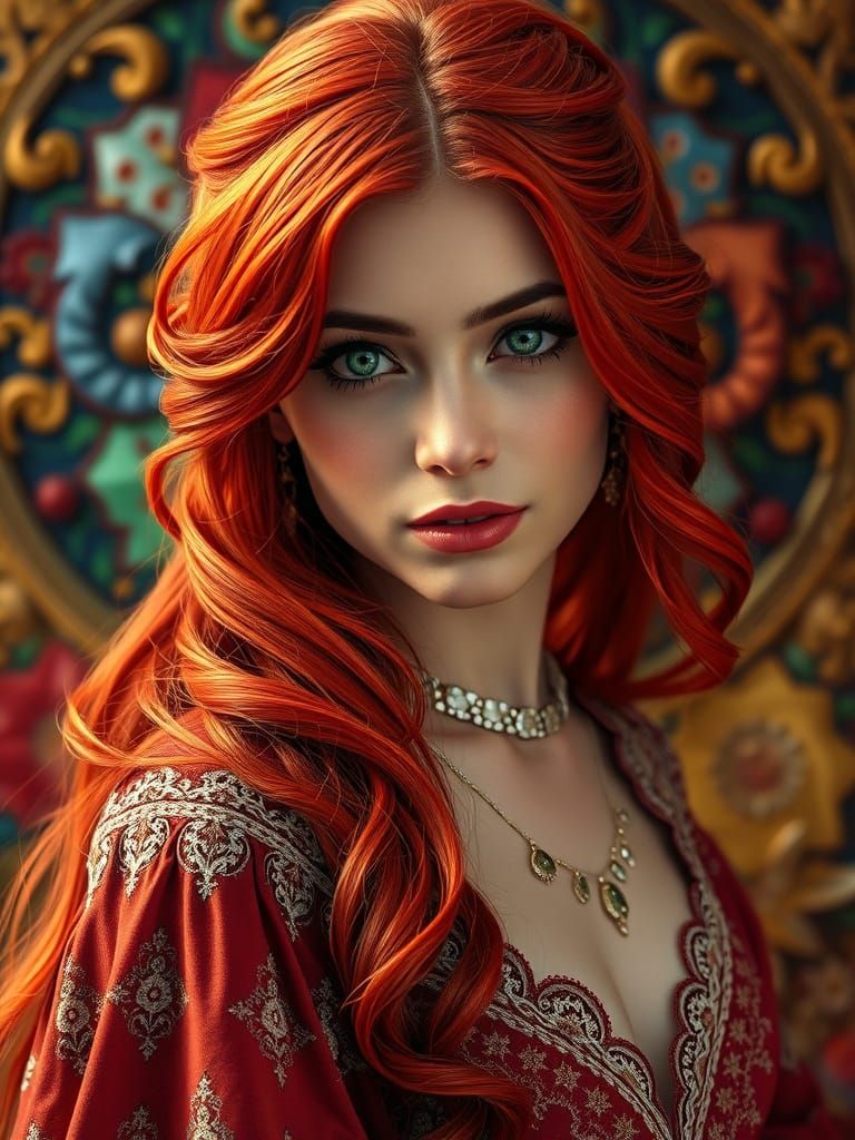 Regal Fantasy Portrait with Fiery Hair and Emerald Eyes