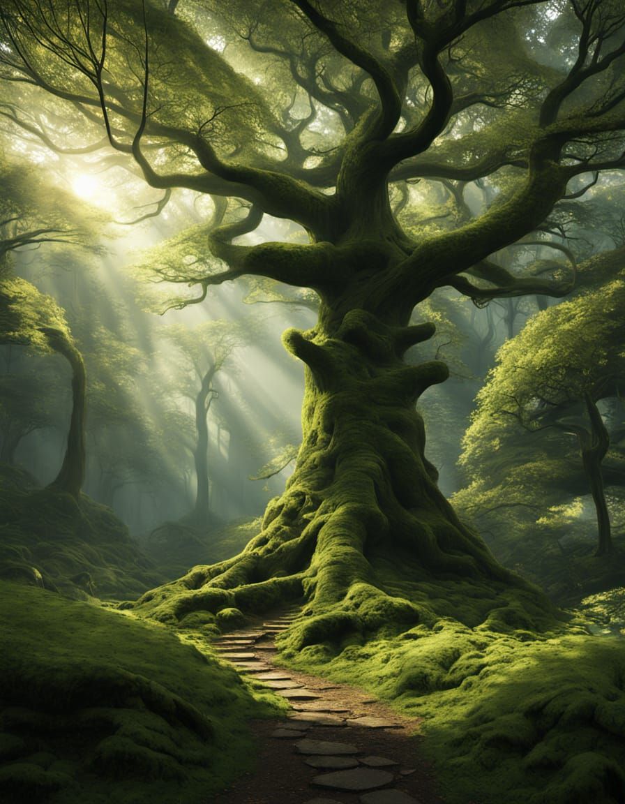 Mystical Forest Clearing with Ancient Tree