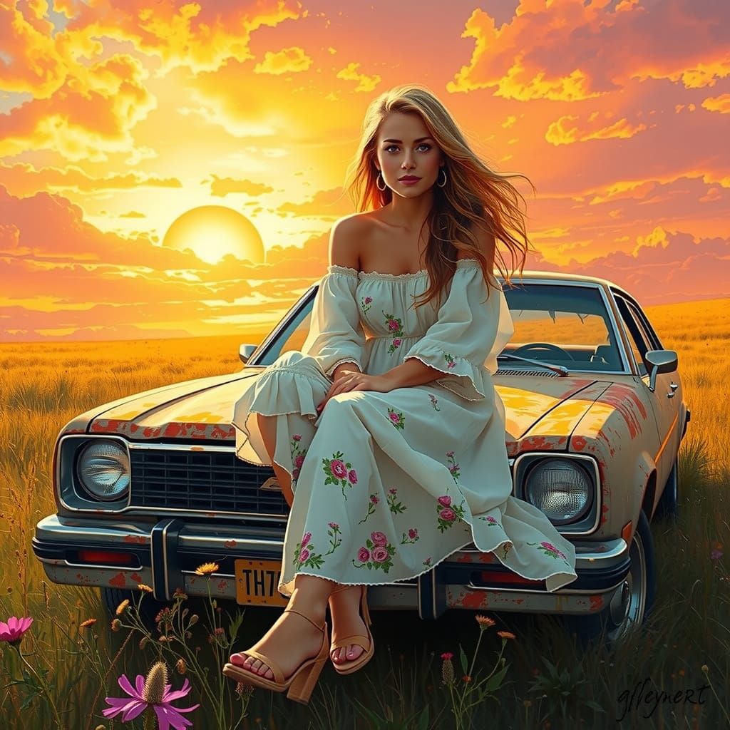 Romantic Sunset Goddess on Vintage Car