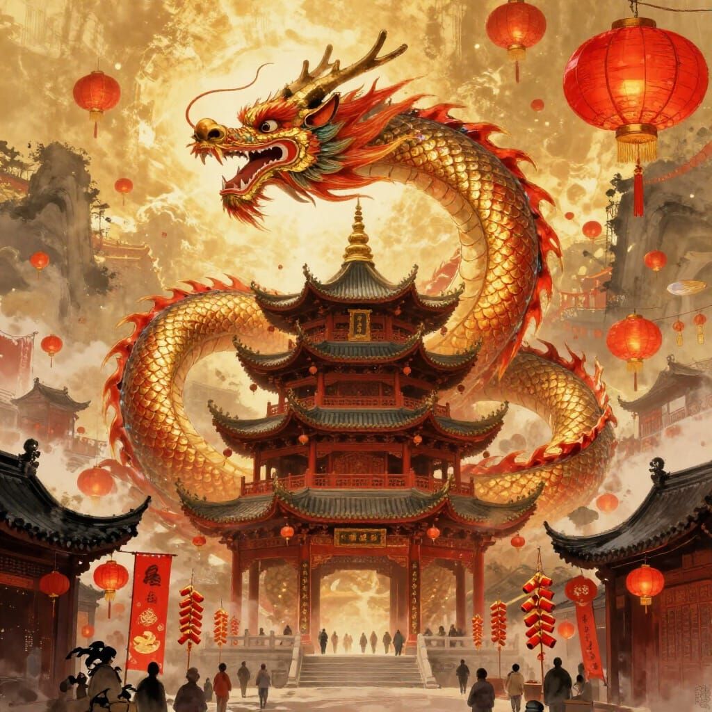 Ancient Dragon Guards Pagoda Amidst Lunar New Year Festiviti...