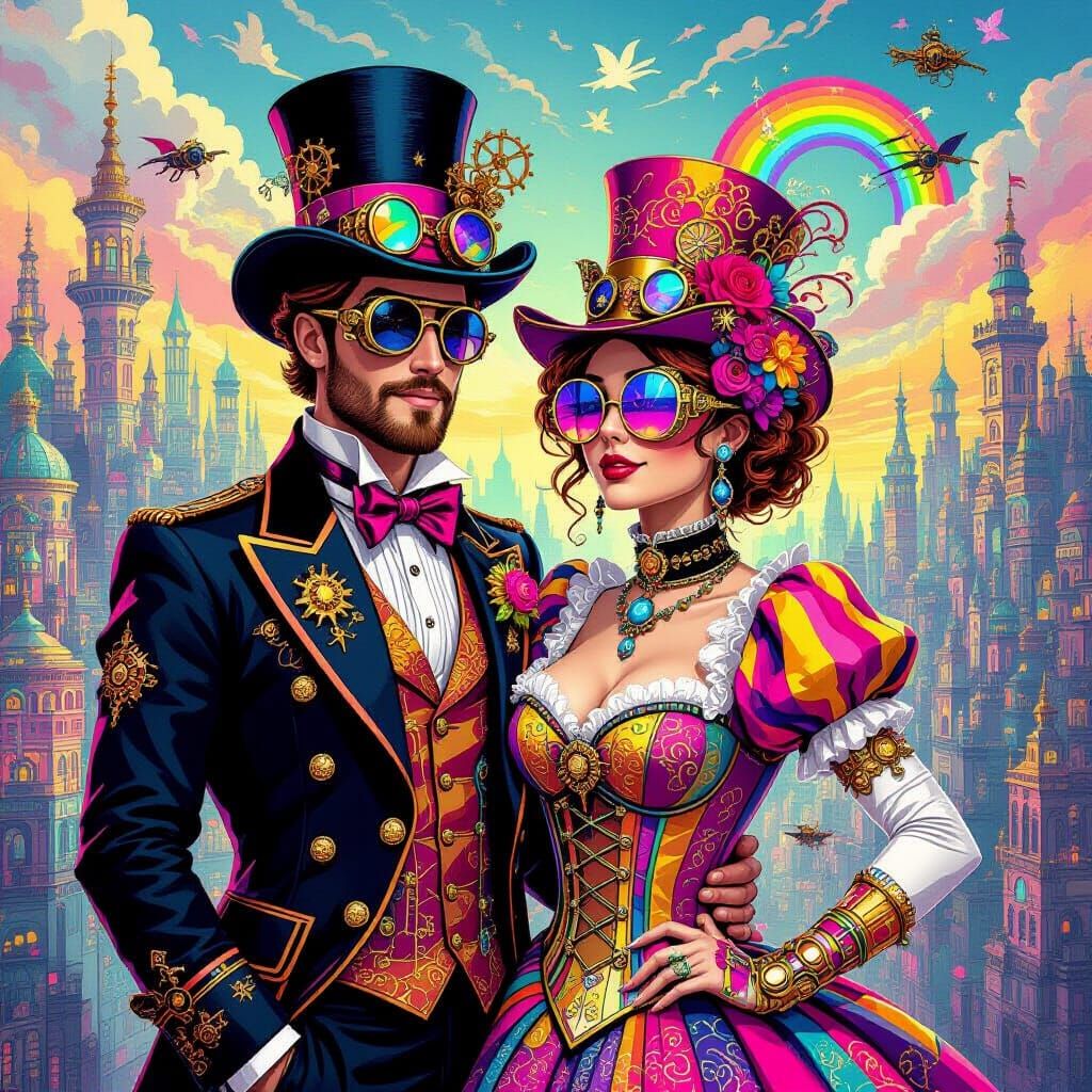 Steampunk Couple in Vibrant Lisa Frank Style