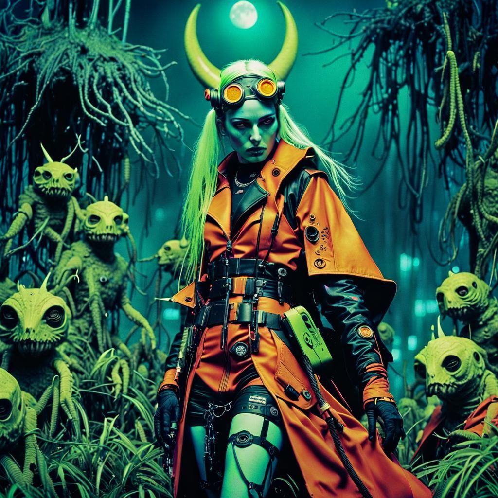 Cyberpunk Lunar Goth Girl in a Haunting Swamp