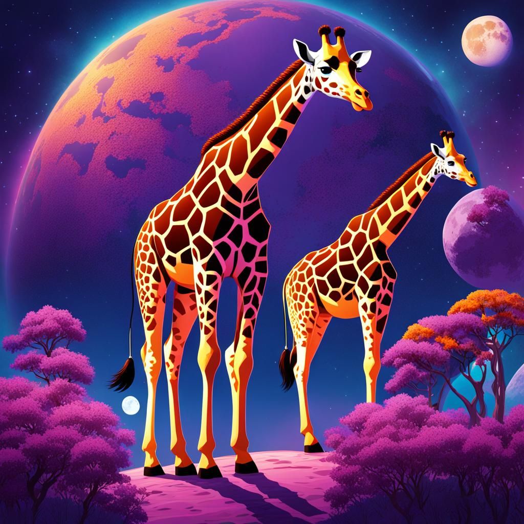 Giraffe Astronauts Explore Distant Purple World
