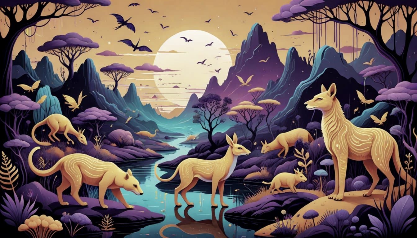 Surreal Bioluminescent Animals in Fantasy Landscape