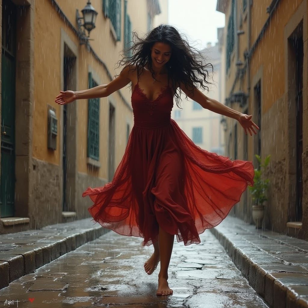Romani Woman Dancing in Rain, Impressionistic Style