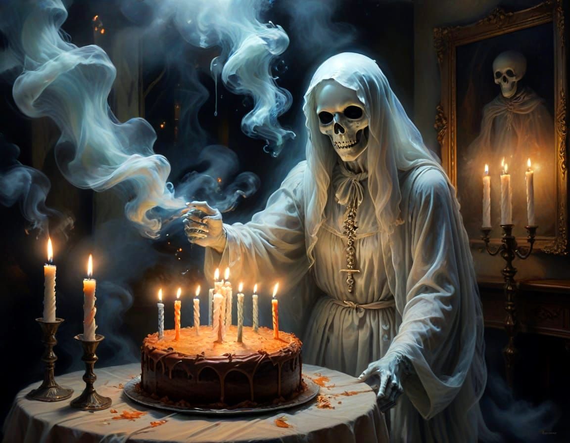 Ghostly Figure Celebrates Birthday in Surreal Oil Painting