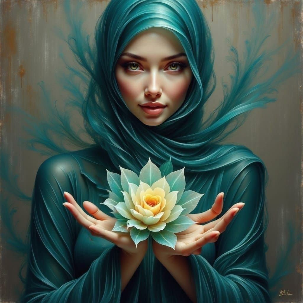 Enchanted Woman in Vibrant Hijab, Holding Crystal and Biolum...