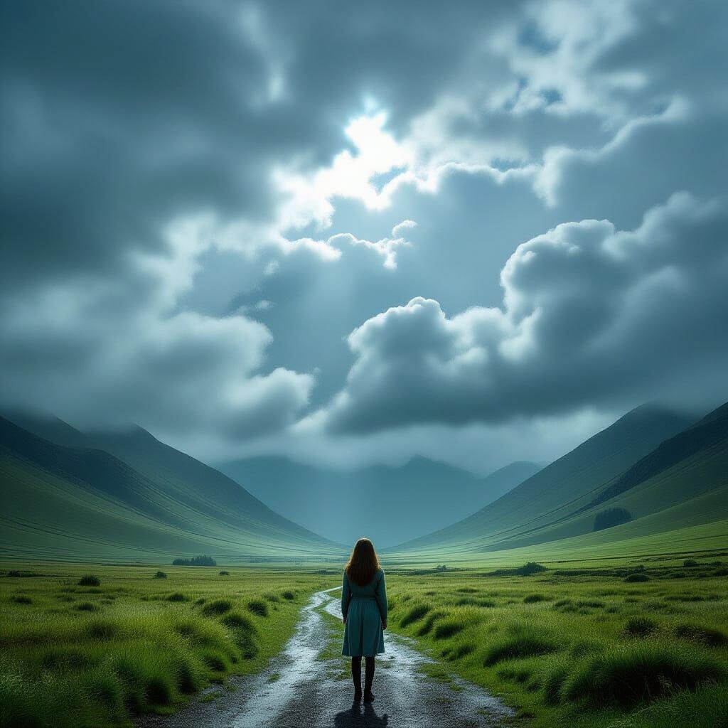 Desolate Green Valley with Woman Under Dark Clouds