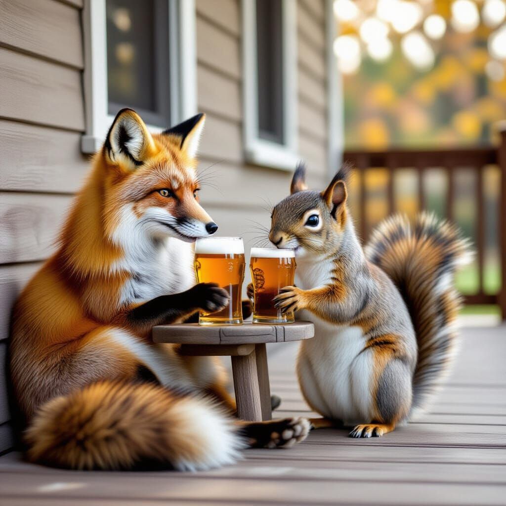 Fox and Squirrel Friends Enjoying Beer on Porch
