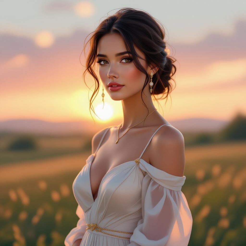 Elegant Woman in Serene Landscape, Dreamy Digital Art