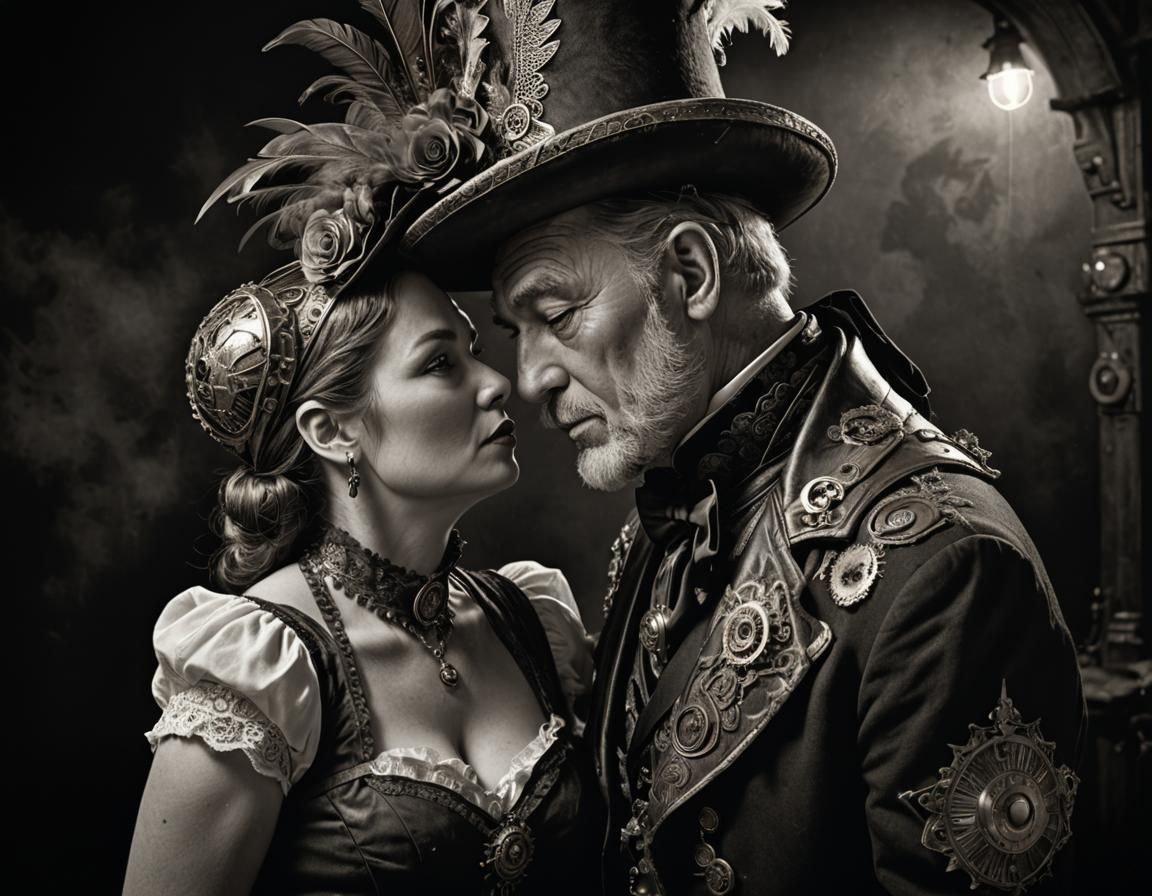 Mysterious SteamPunk Gentleman and Beauty in Intimate Kiss
