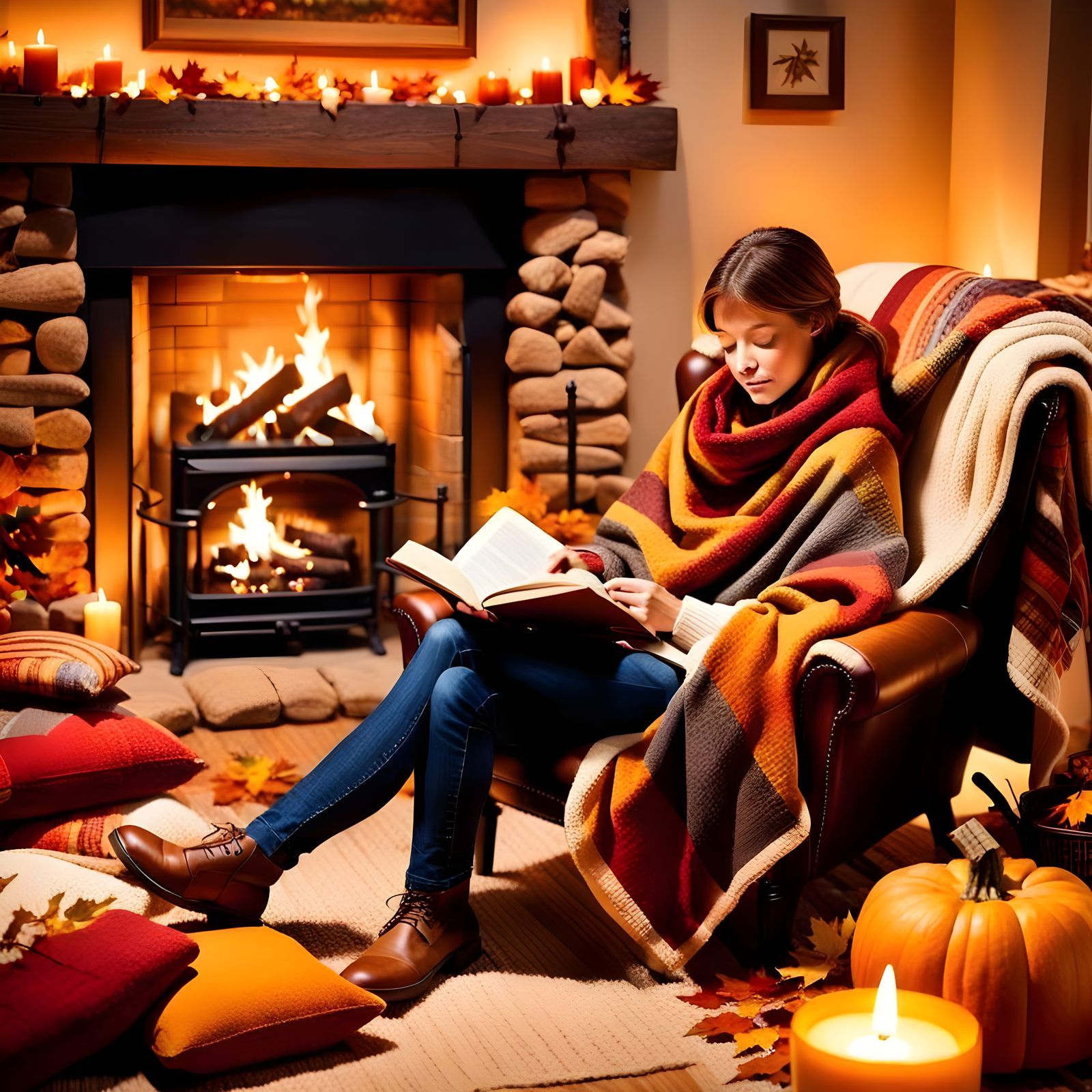 Cozy Autumn Scene with Fireplace Lit and Fall Decor