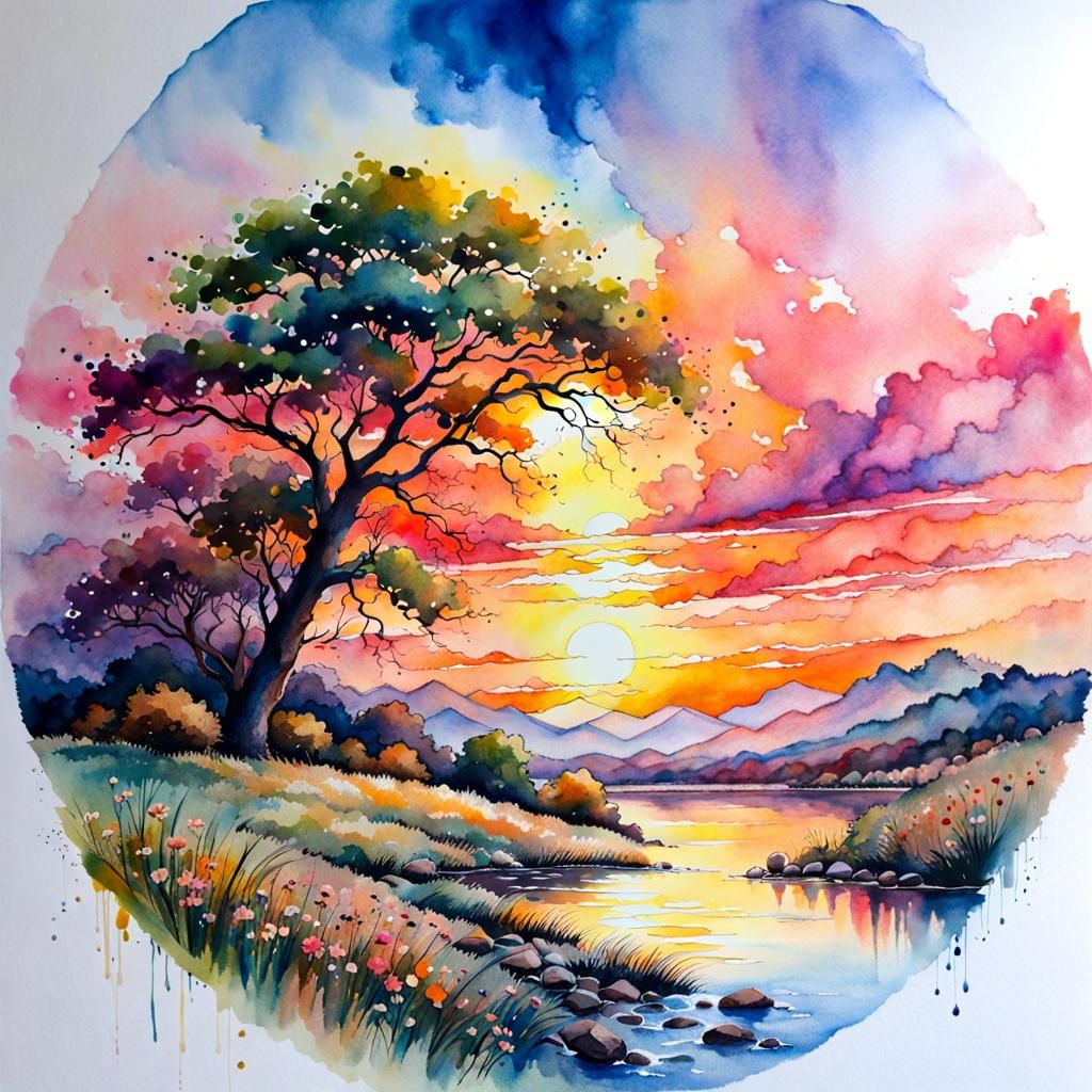Surreal Watercolour Sunset in Vibrant Pastel Hues