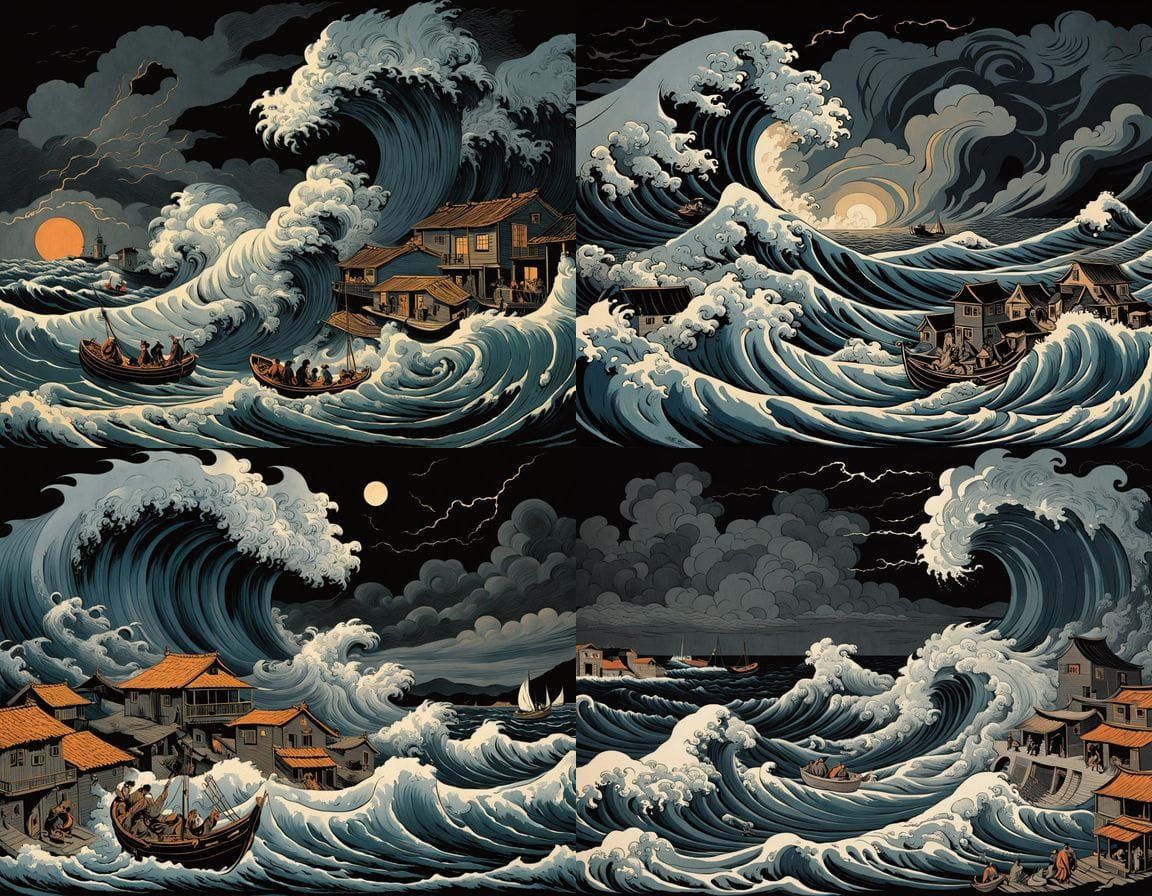 Typhoon Ravages Village in Ukiyo-e Style