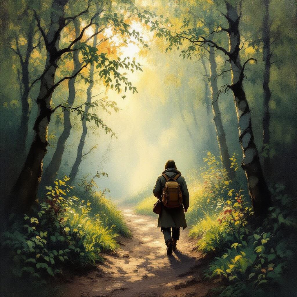Enchanted Forest Traveler in Impressionist Style