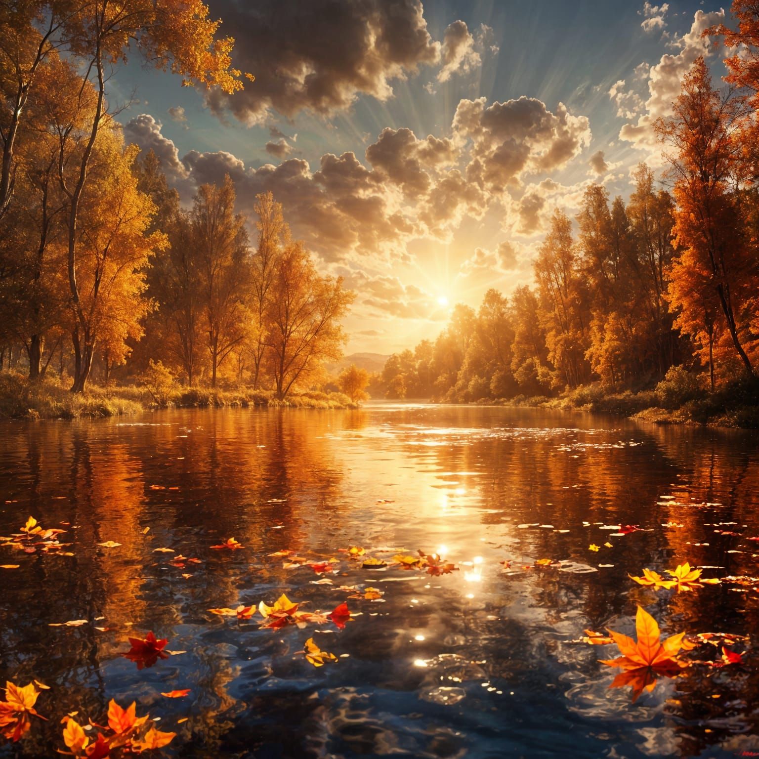 Vibrant Sunset Lake Scene with Ultra-Detailed Leaves